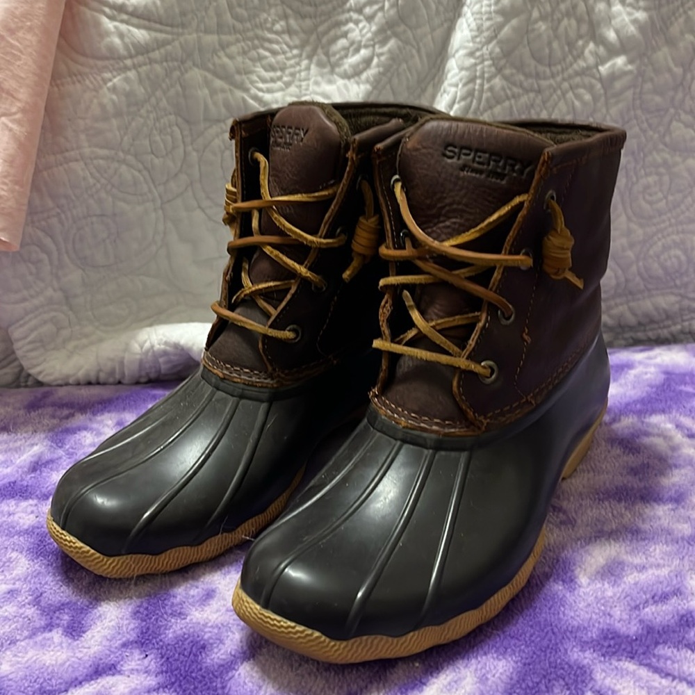 Sperry Saltwater Duck Sider Boots waterproof Brown rubber leather women Size 6.5